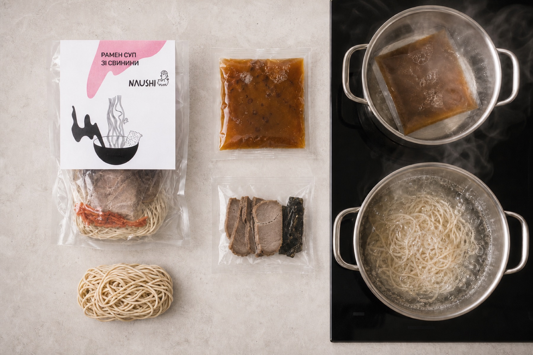 Компоненты набора для рамена и две кастрюли